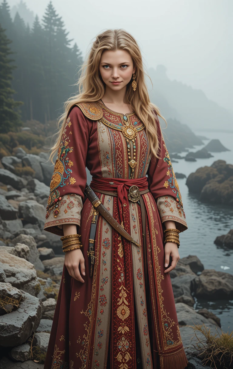 Young girl in Siberian folk dress in misty pine forest