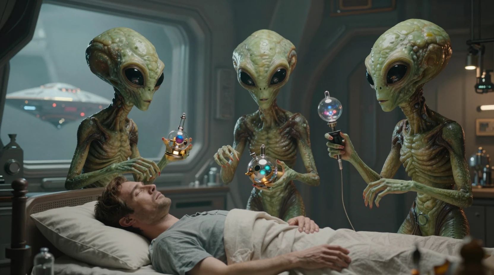 Alien scientists gather around a sleeping man in bed