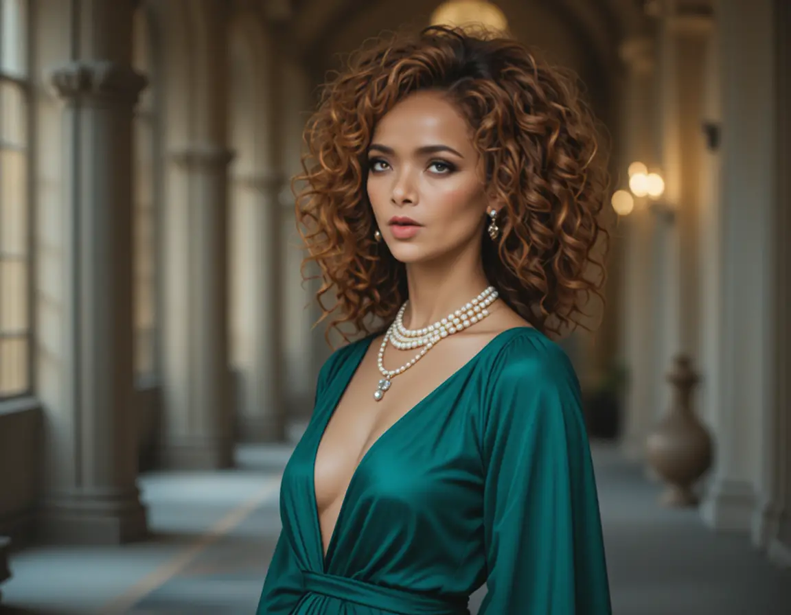 Confident young woman in green dress with pearl necklace