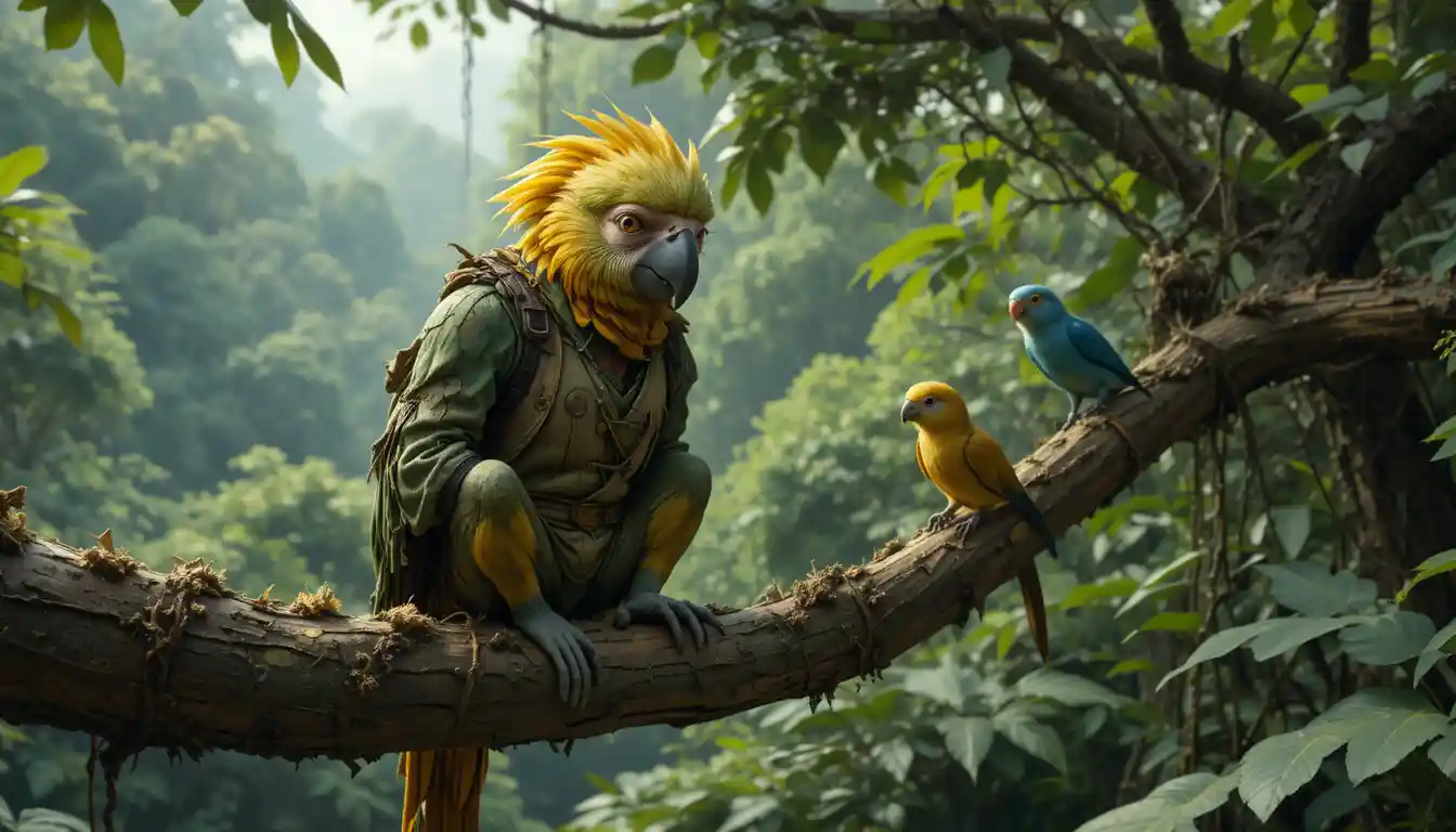 Poor parrot and wise monkey on a forest tree branch