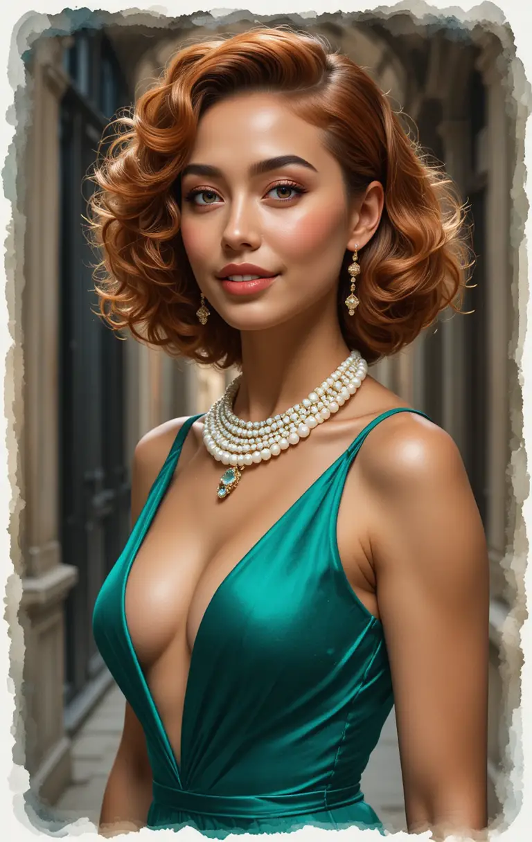 Elegant young woman in emerald dress with pearl necklace