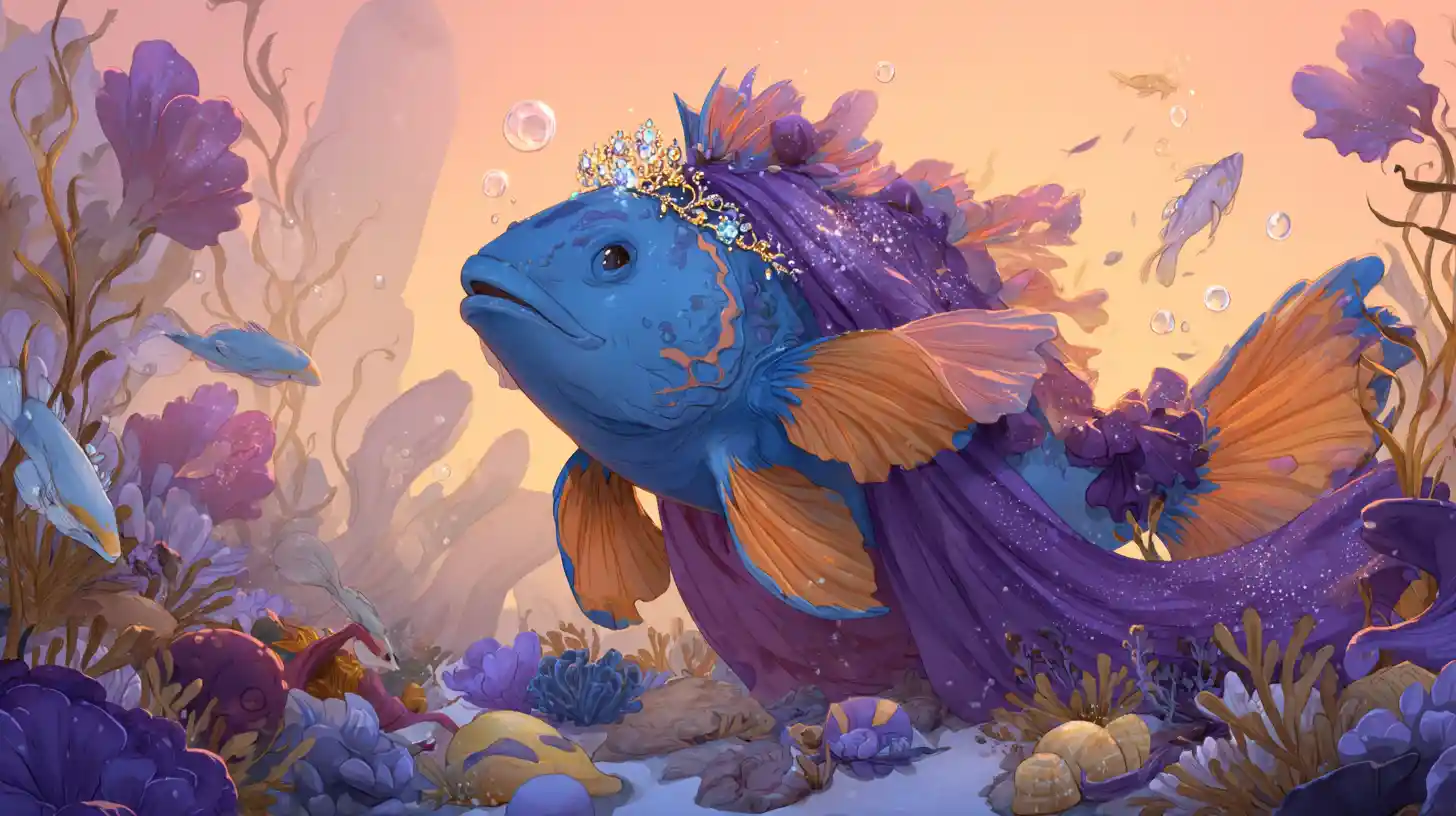 Cartoon blue fish queen in a magical coral reef