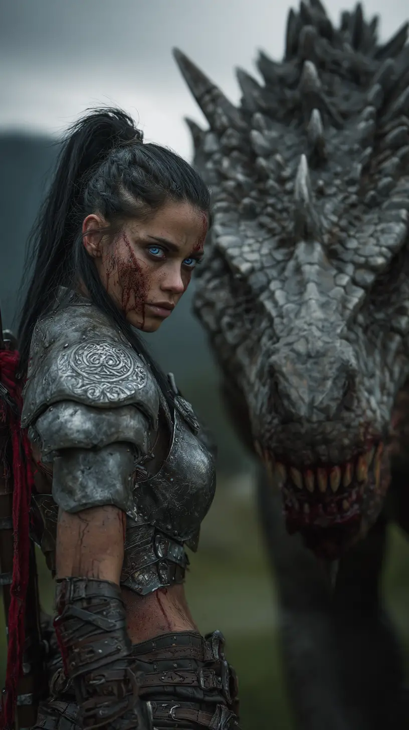 Battle hardened female warrior in fiery apocalyptic ruins