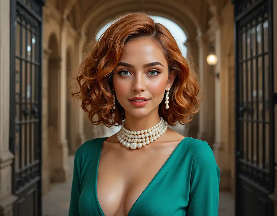 Young woman in emerald dress in soft interior light
