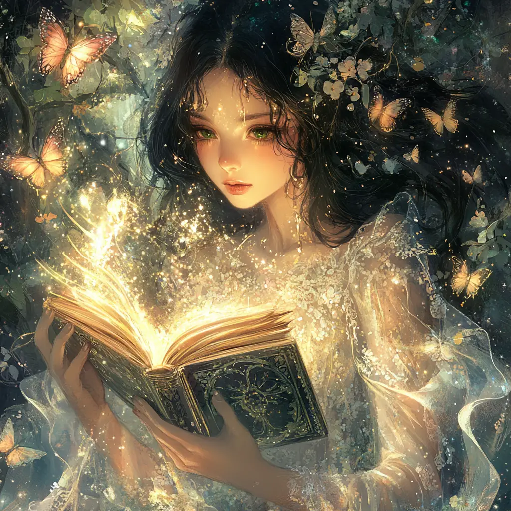 Young maiden at a flower framed window with magic