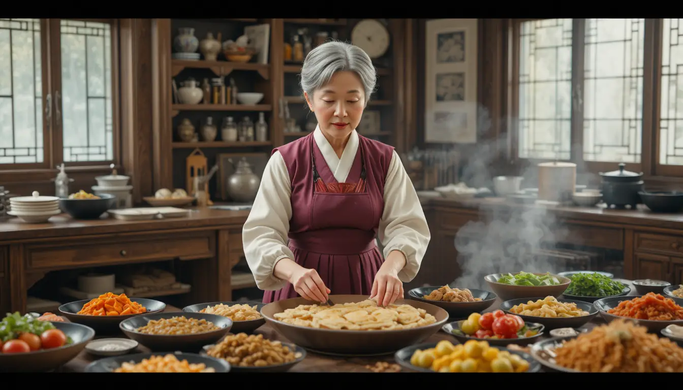 Elderly Korean woman arranging dishes in a traditional kitchen
