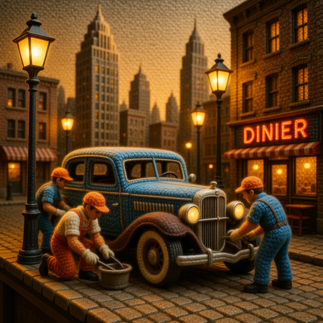 Lavoratori in miniatura riparano un'auto d'epoca in una città di lana