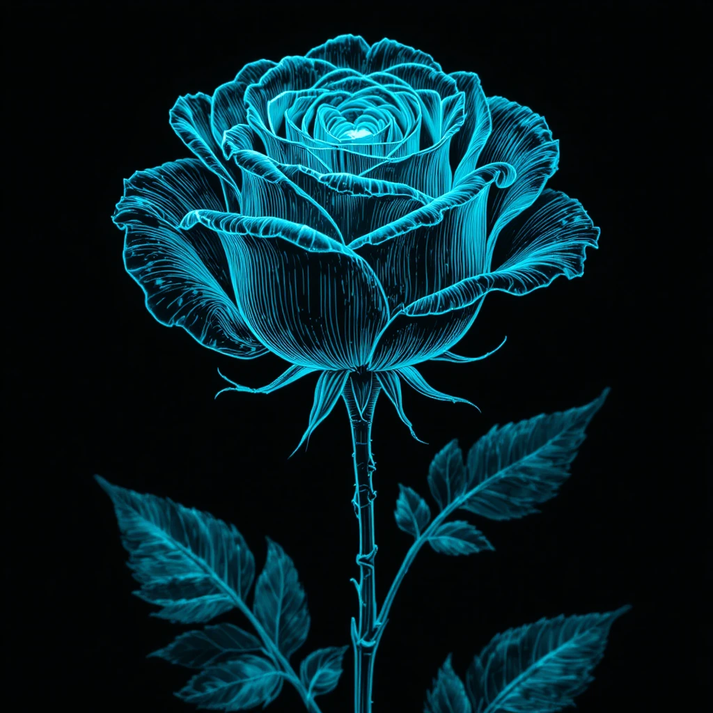 청록색 생체 발광 결을 지닌 미니멀리즘 각인 장미