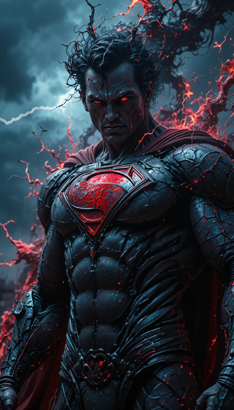 Corrupted superhero portrait with glowing red eyes and aura