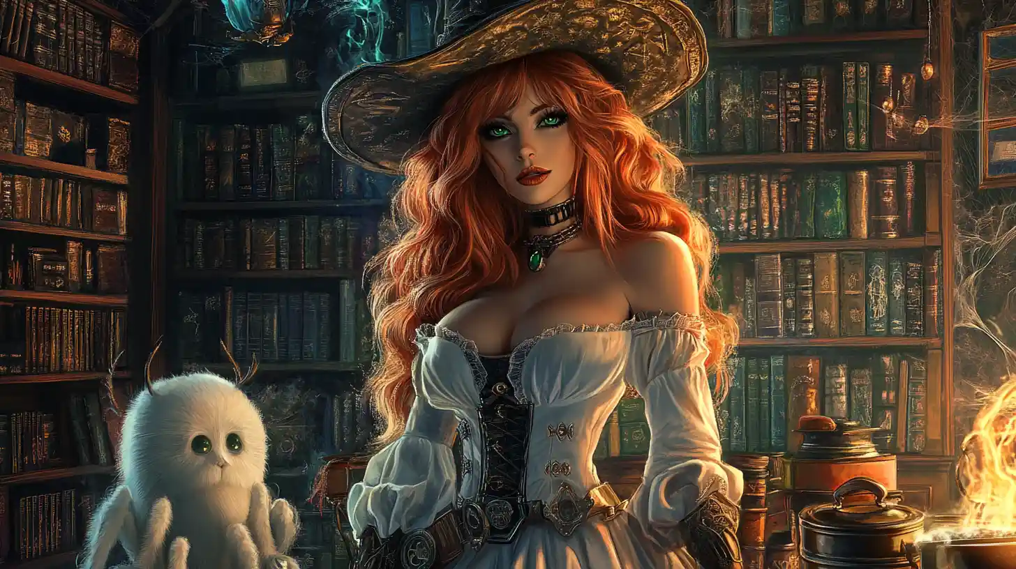 Red haired steampunk witch in a white gown conjuring
