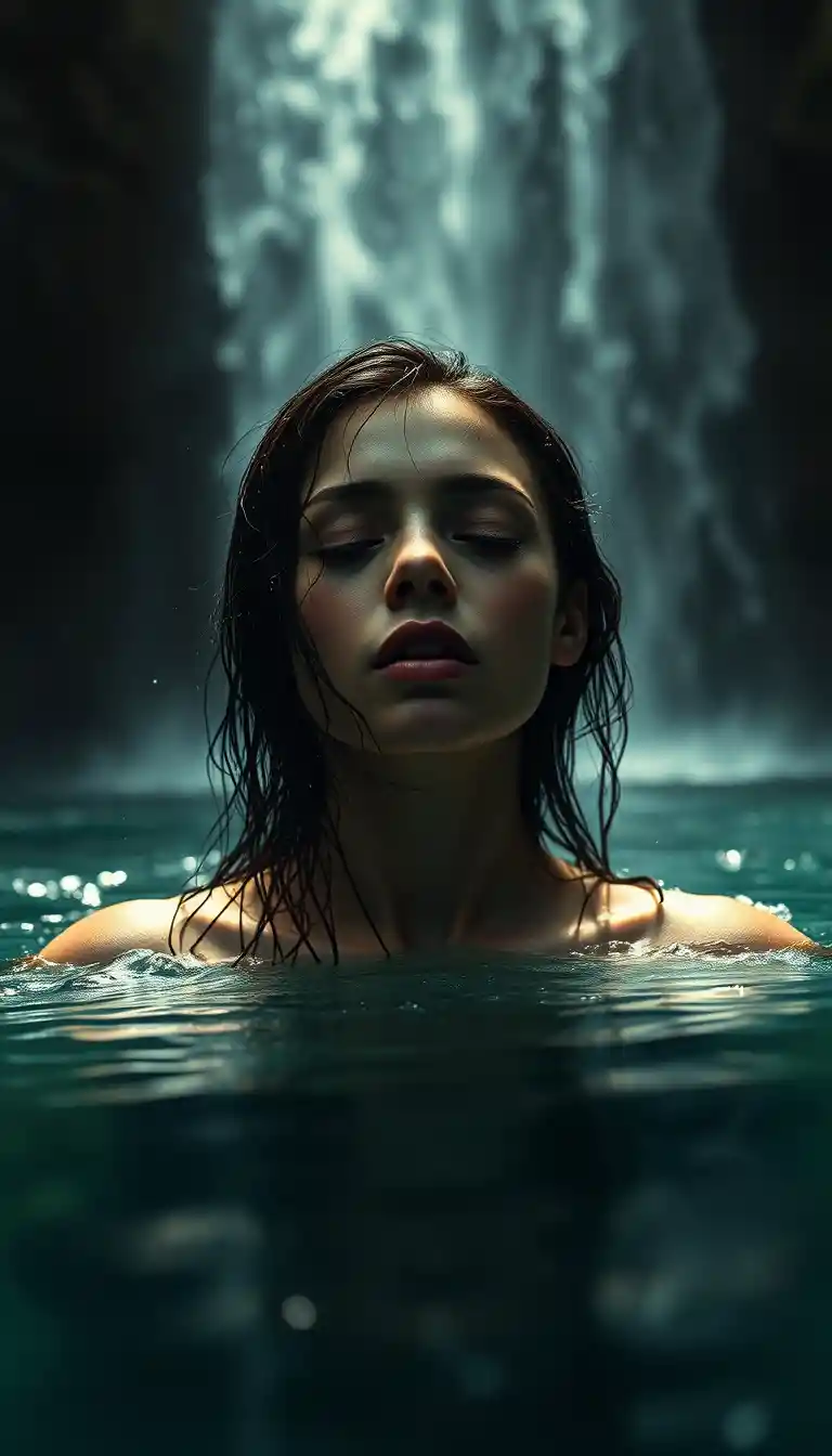 Mystical woman beneath a jungle waterfall pool