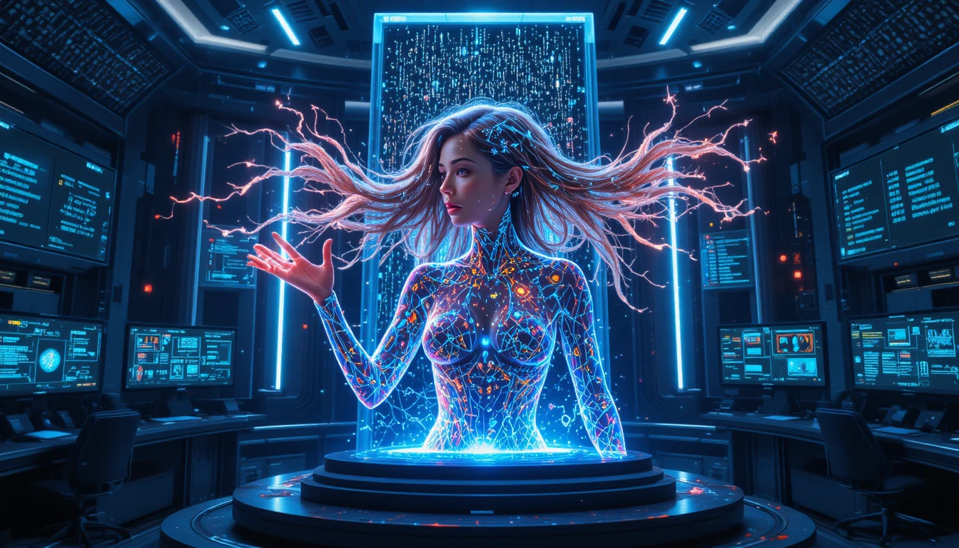 Mehrsprachige holografische KI-Frau in futuristischem Kontrollraum