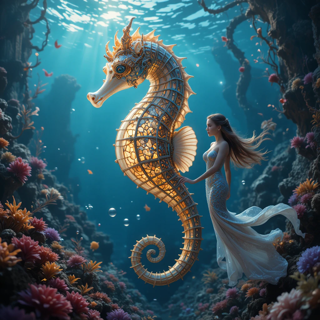 Glowing seahorse and mermaid in a dreamy underwater realm