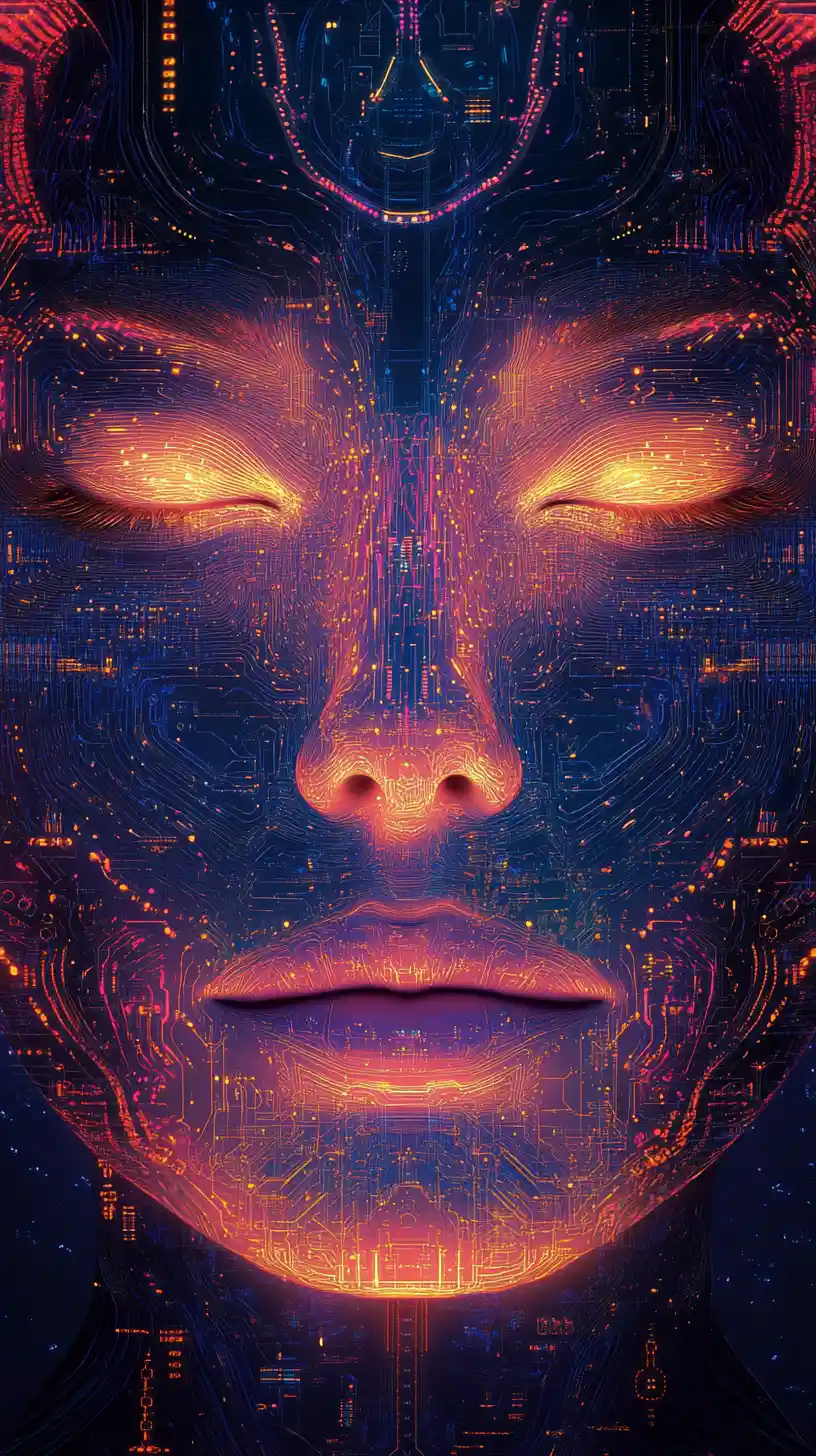Woman portrait formed from glowing circuitry and patterns