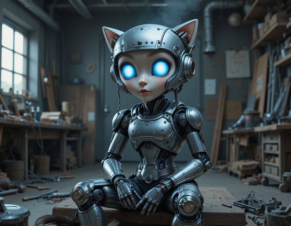 Humanoide Roboterkatze in einer dunklen futuristischen Werkstatt