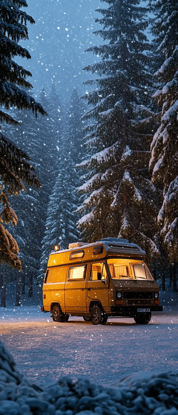 Cozy camper van glowing in a quiet winter forest