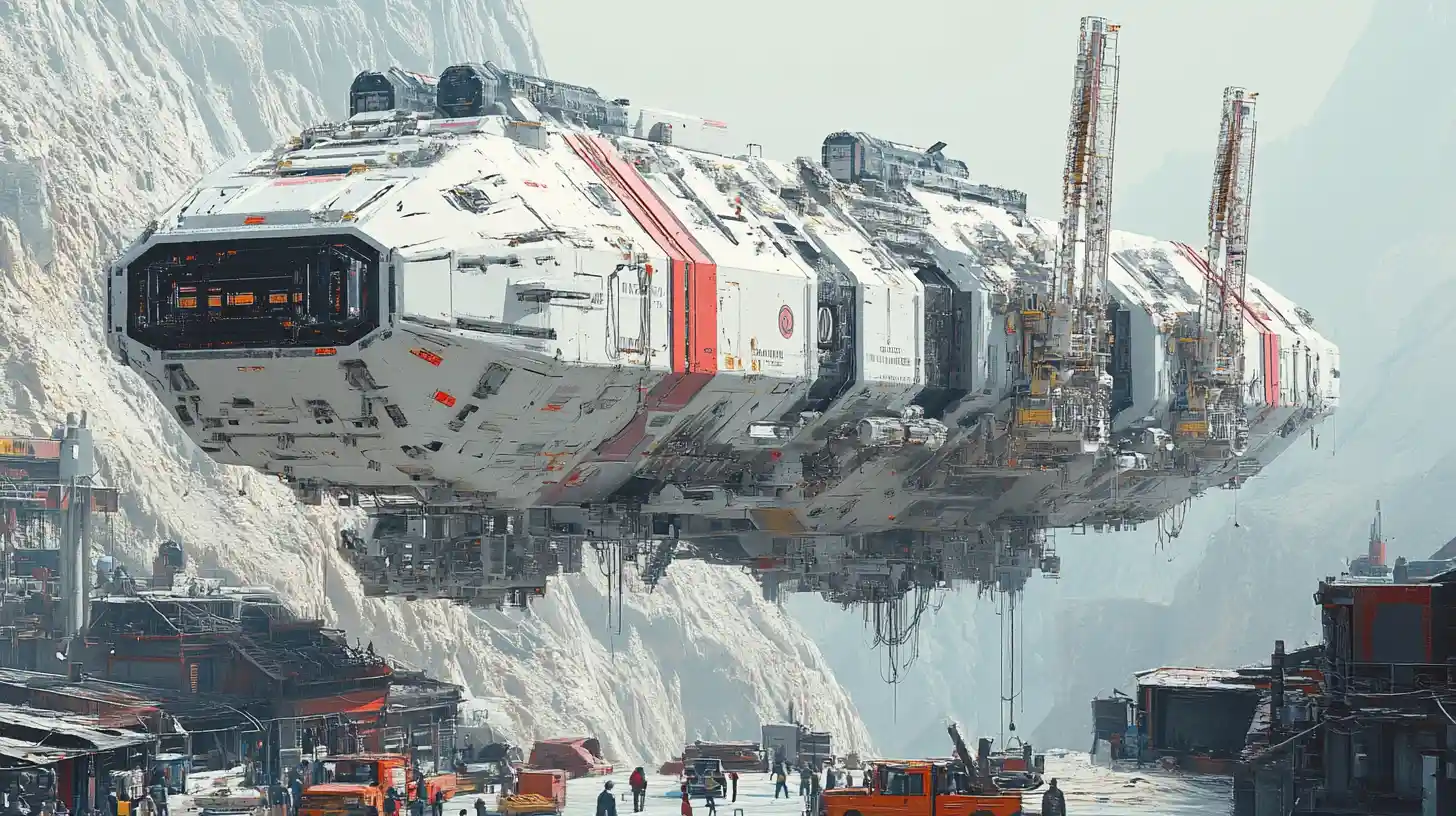 Gigantic modular cargo spaceship above rugged space outpost
