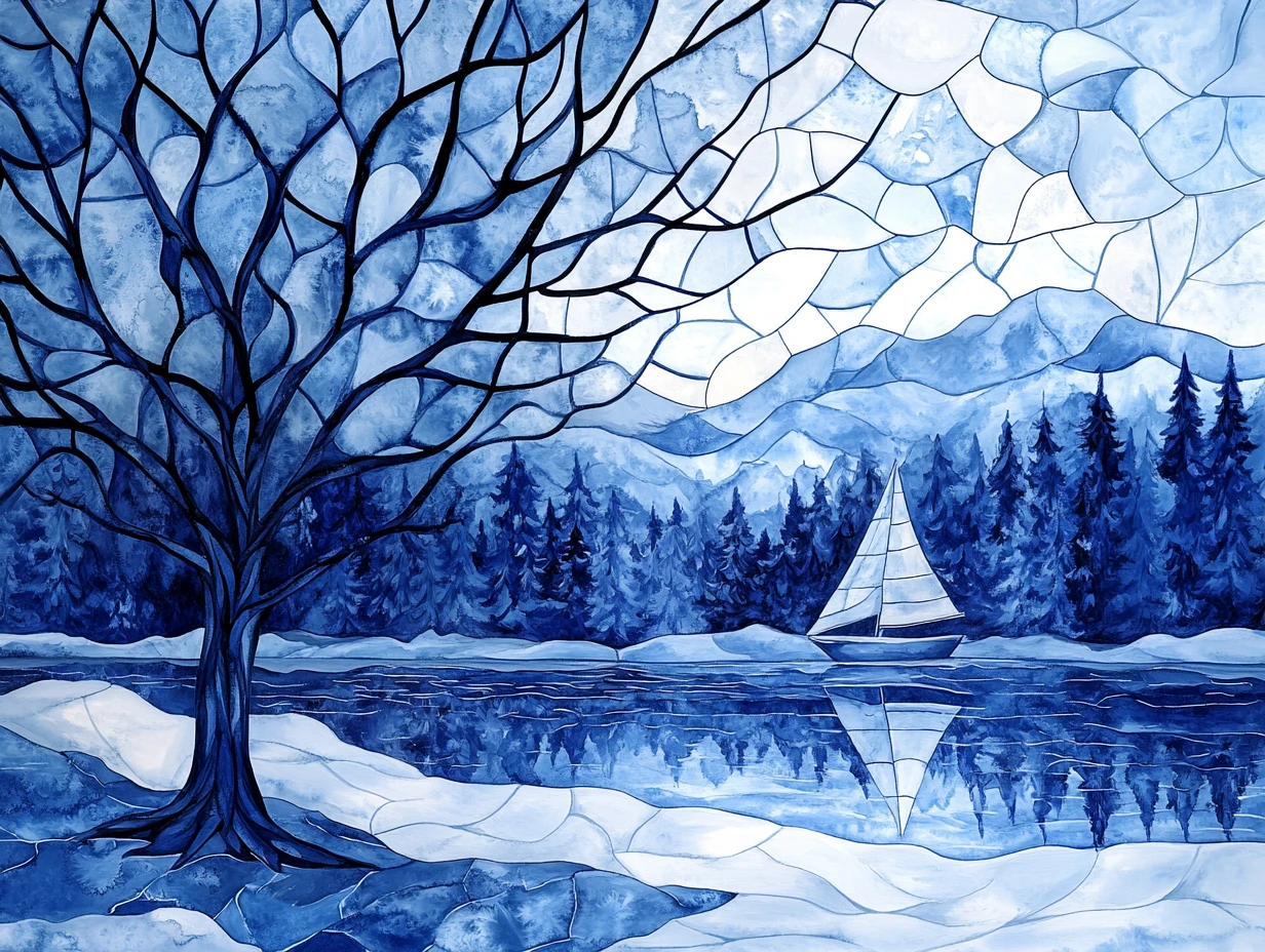 Blauer Winterbaum an einem See in Aquarellillustration