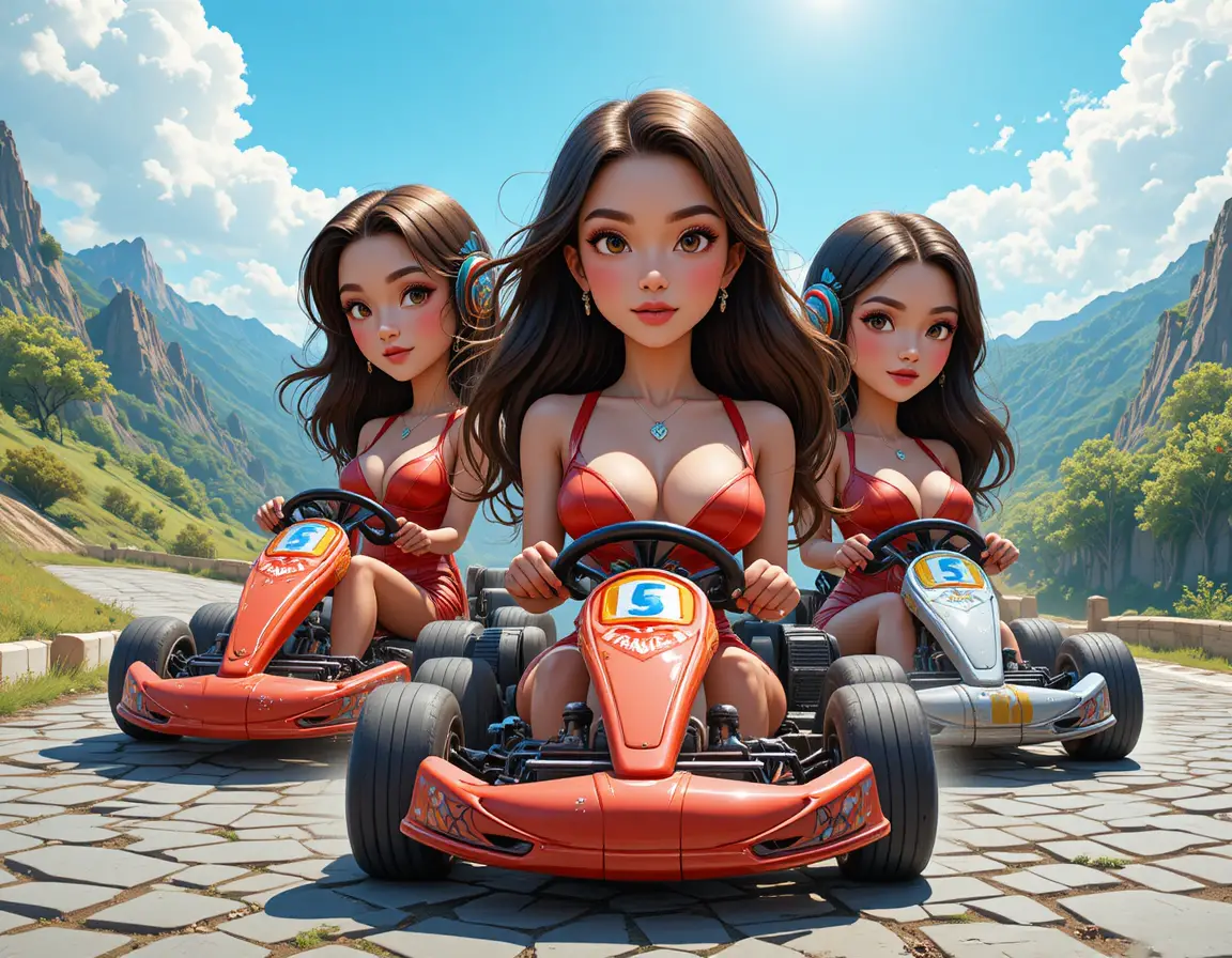 Trois amis en karting driftent sur une route de montagne sinueuse