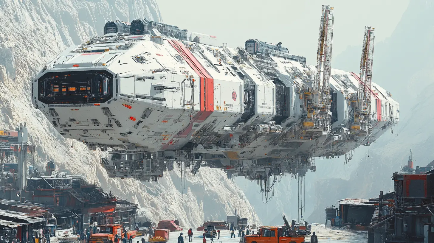 Gigantic modular cargo spaceship above rugged space outpost