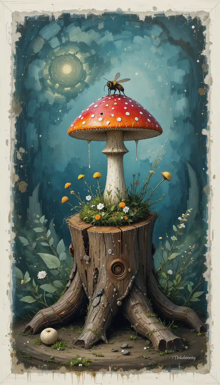 Magical fly agaric mushroom with bee on old forest stump