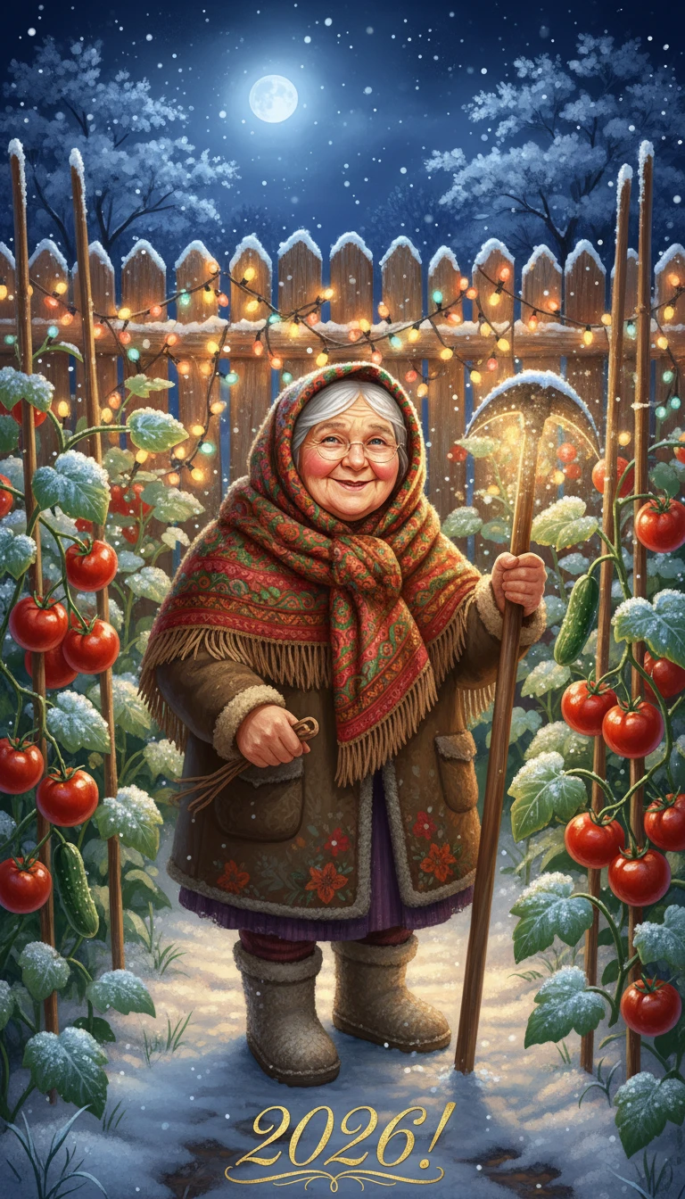 Grandmother In Snowy Vegetable Garden With Magic Hoe