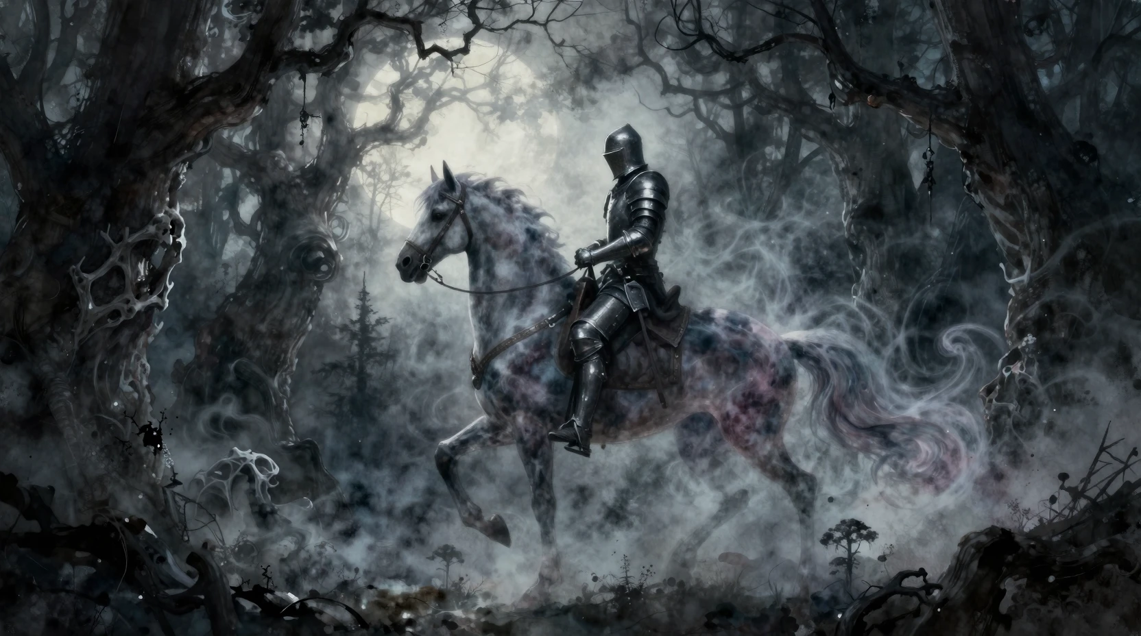 Spectral knight riding a nebula steed in haunted forest