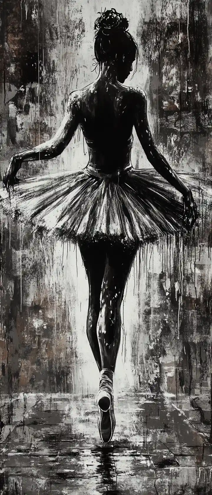 Sad ballerina spinning on a cracked urban pavement