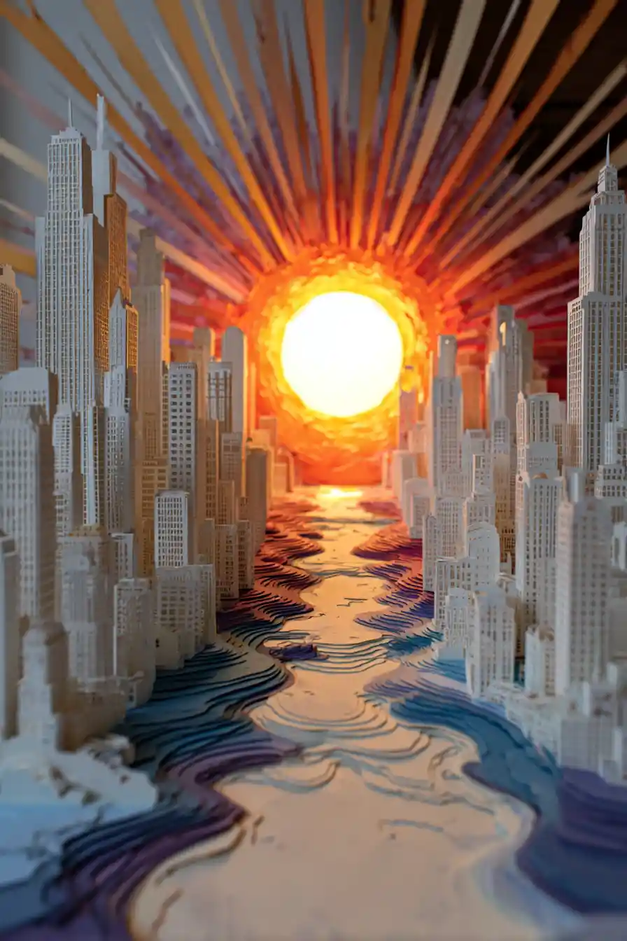 Paper art fantasy city with glowing sun and rays
