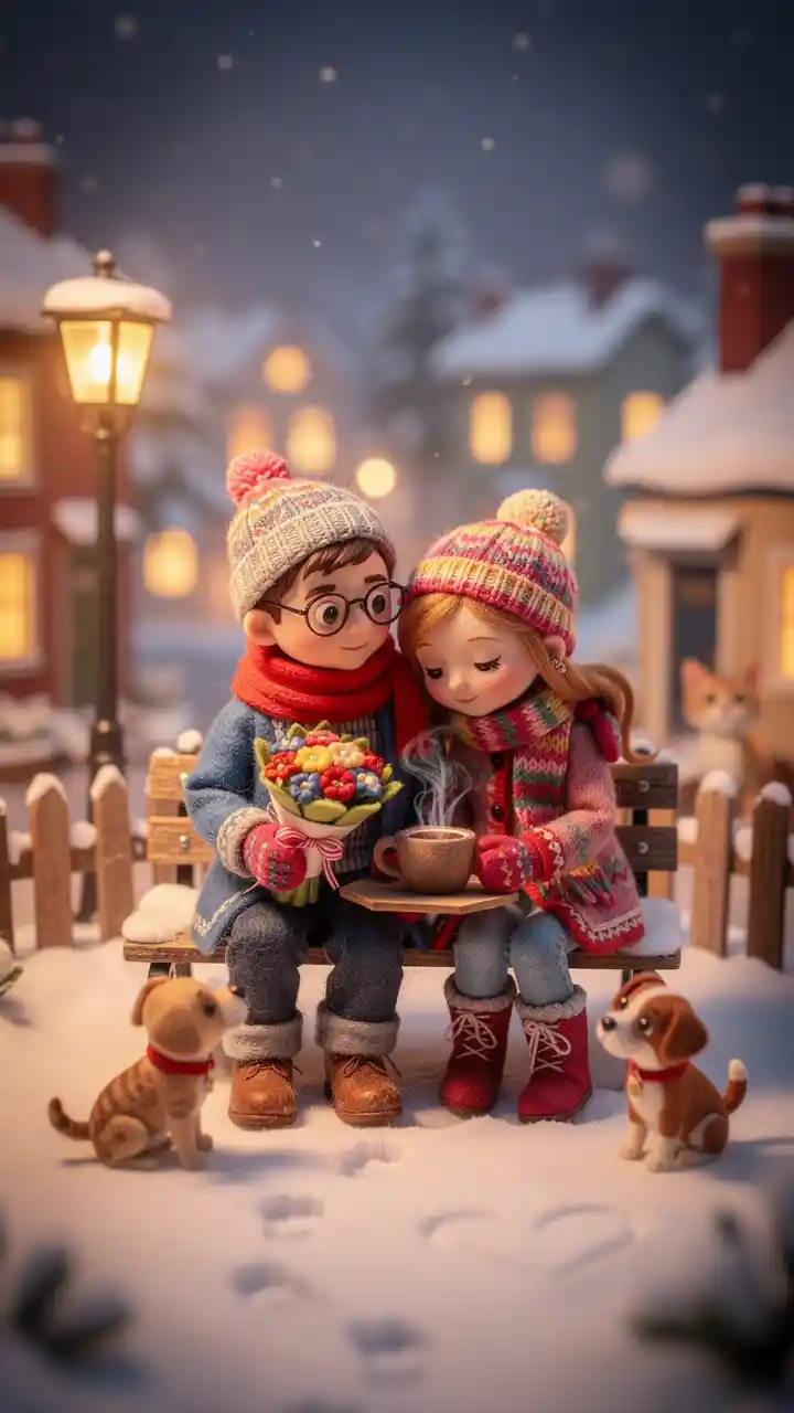 Romantic Felt Couple On Bench In Winter Lantern Glow