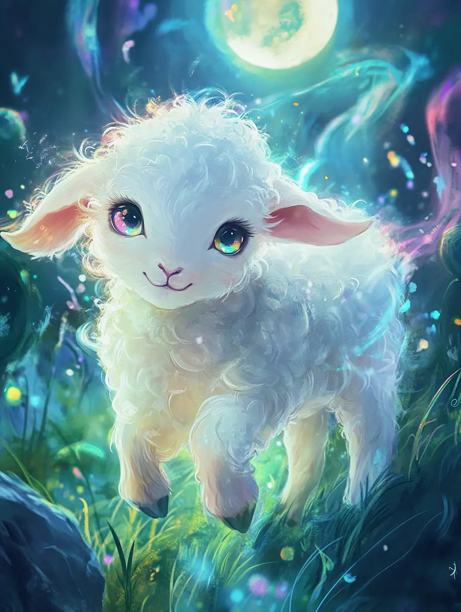 Joyful baby lamb leaping in a glowing fantasy meadow