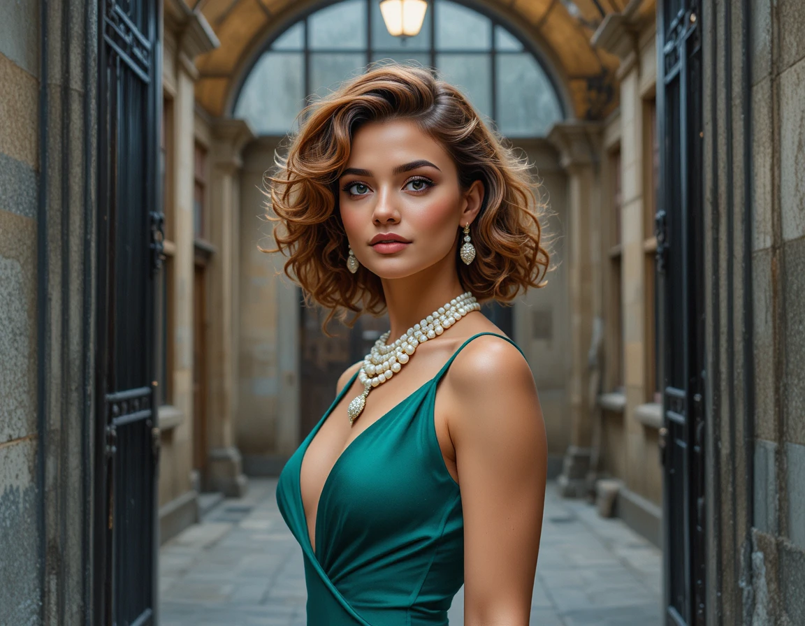 Elegant young woman in emerald dress close up portrait