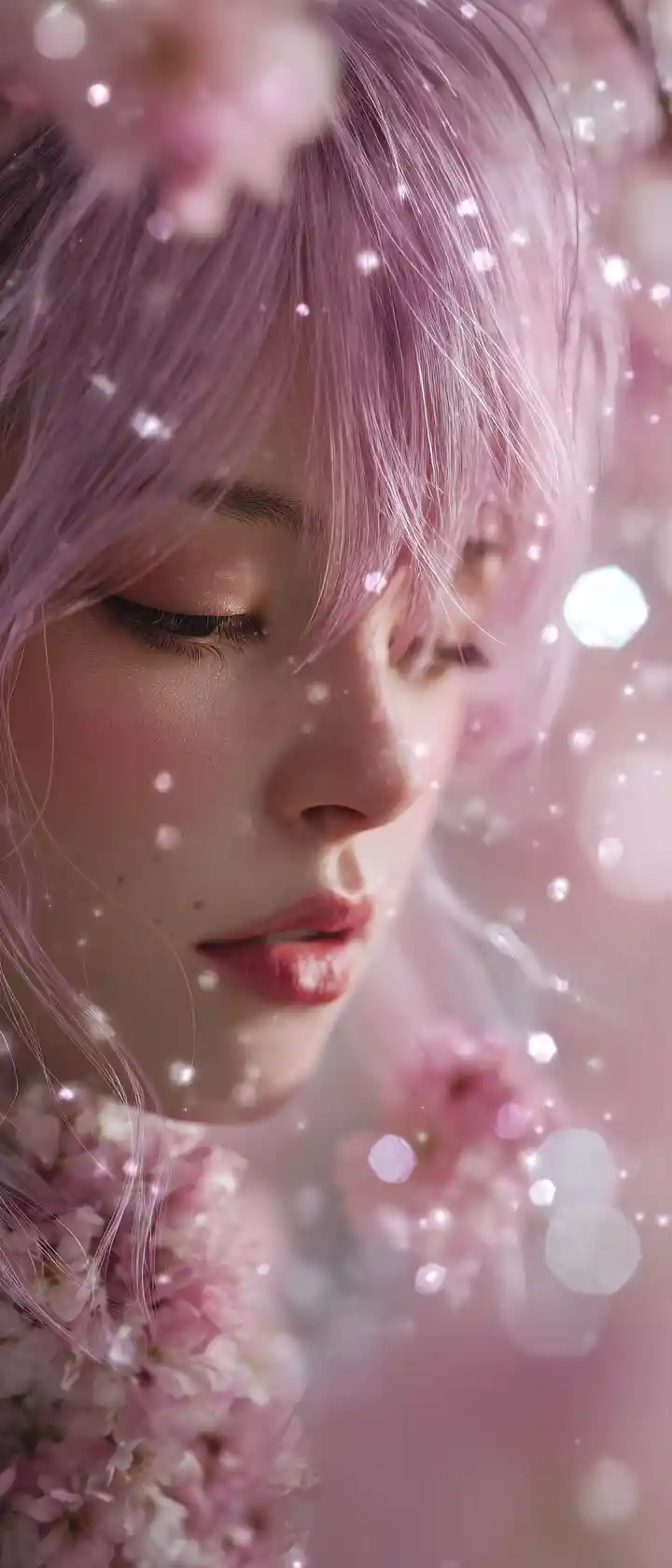 Lavender haired woman in a dreamy cherry blossom forest