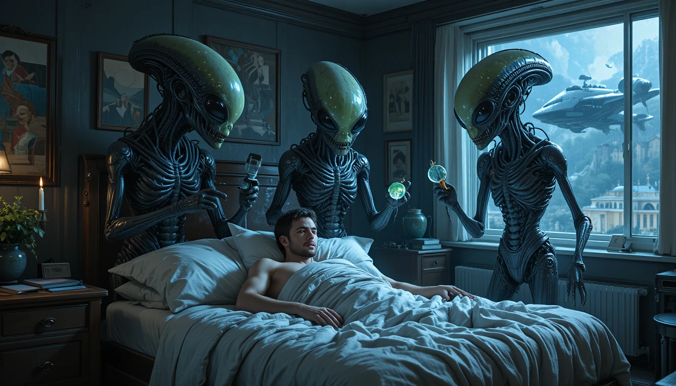 Aliens Studying A Sleeping Man In His Bedroom