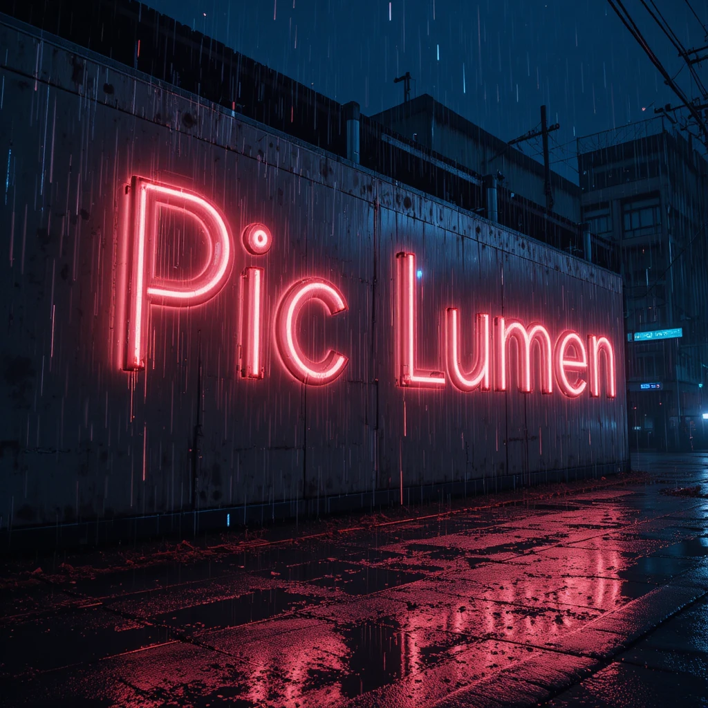 Neon Pic Lumen text glowing on a rainy night wall