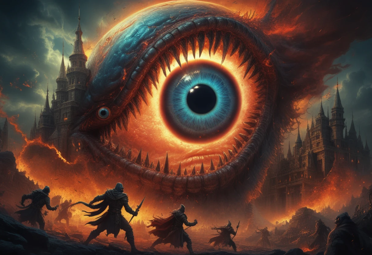 Gigantic Evil Eye Monster With Teeth In Fantasy Realm