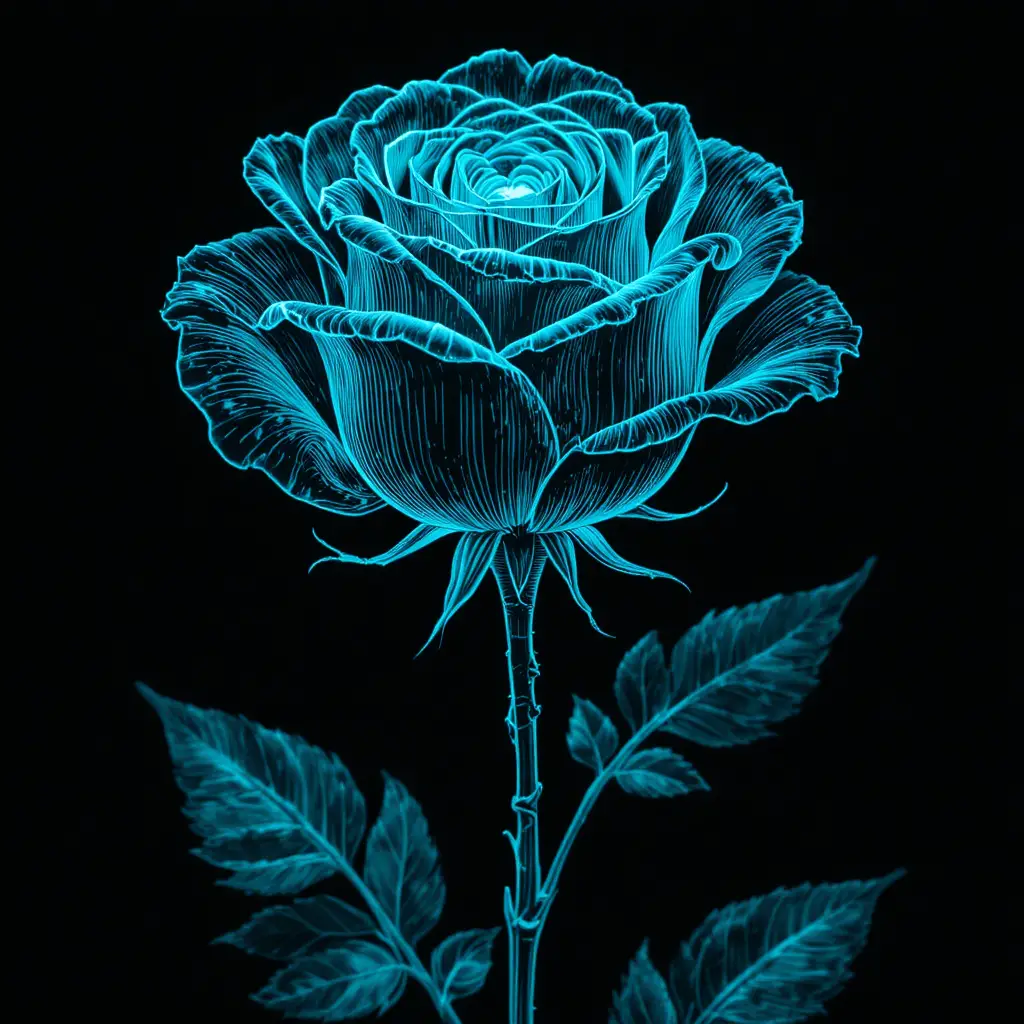 Minimalist engraved rose with glowing teal bioluminescent veins