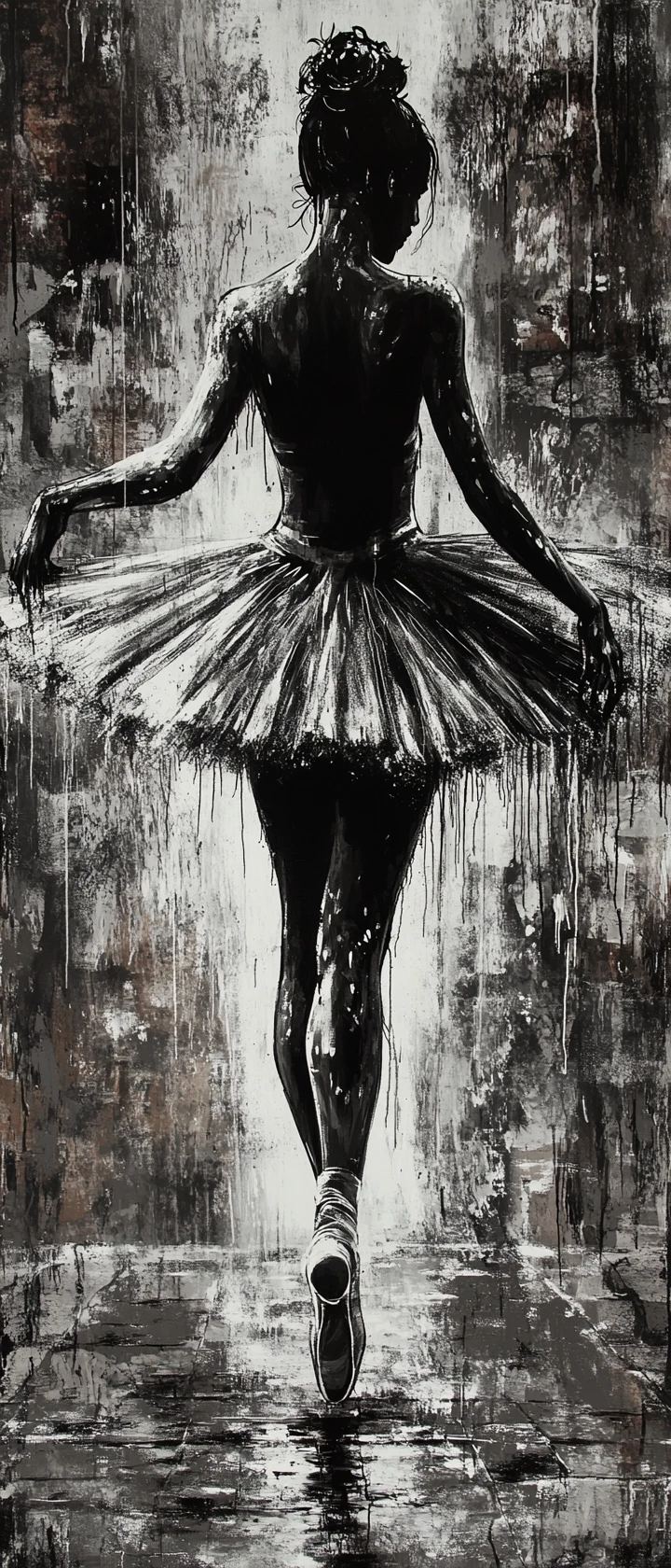 Sad ballerina spinning on a cracked urban pavement