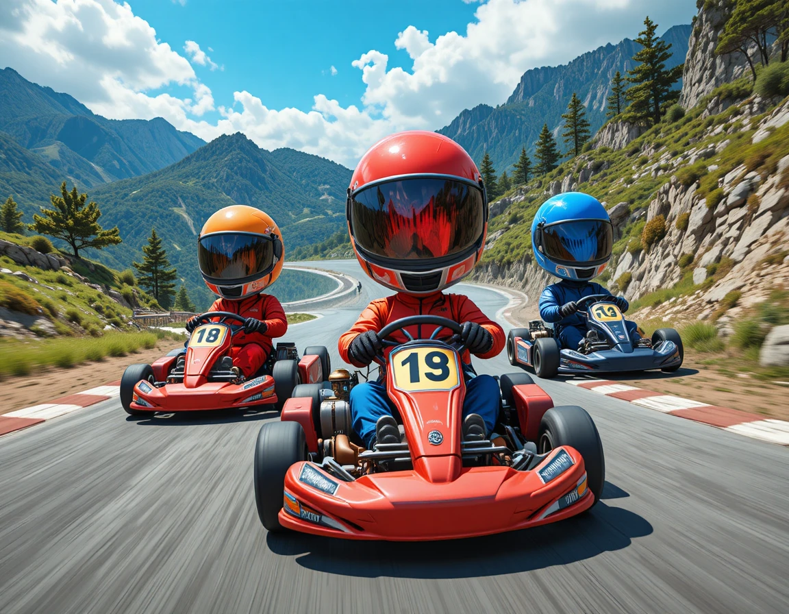 Trois amis faisant du drift en kart sur une route de montagne ensoleillée