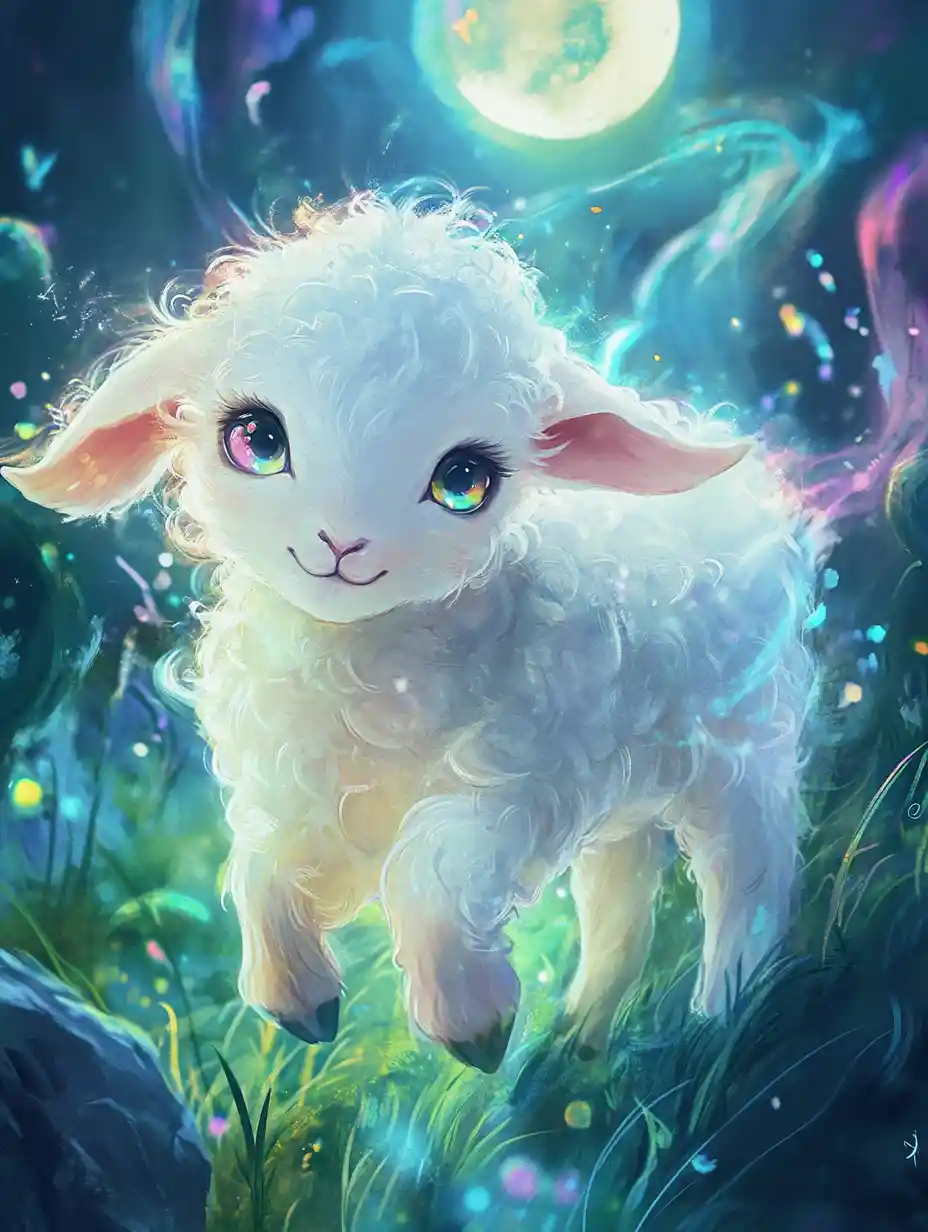 Joyful baby lamb leaping in a glowing fantasy meadow