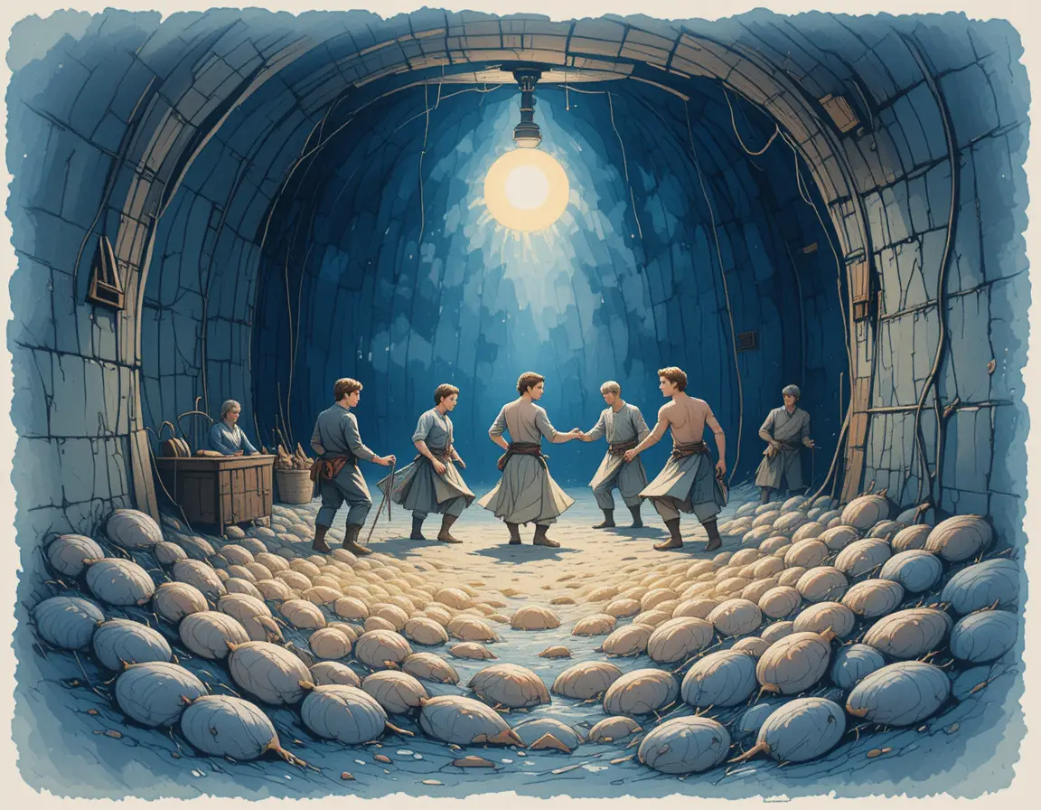 Men stomping grapes in a dim wine cellar vat