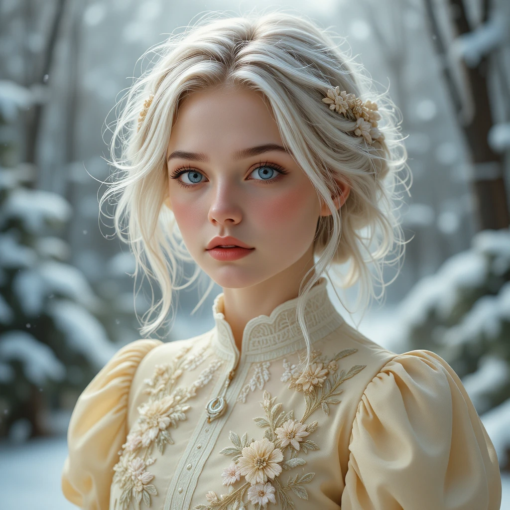 Blonde girl in yellow dress in a snowy winter forest