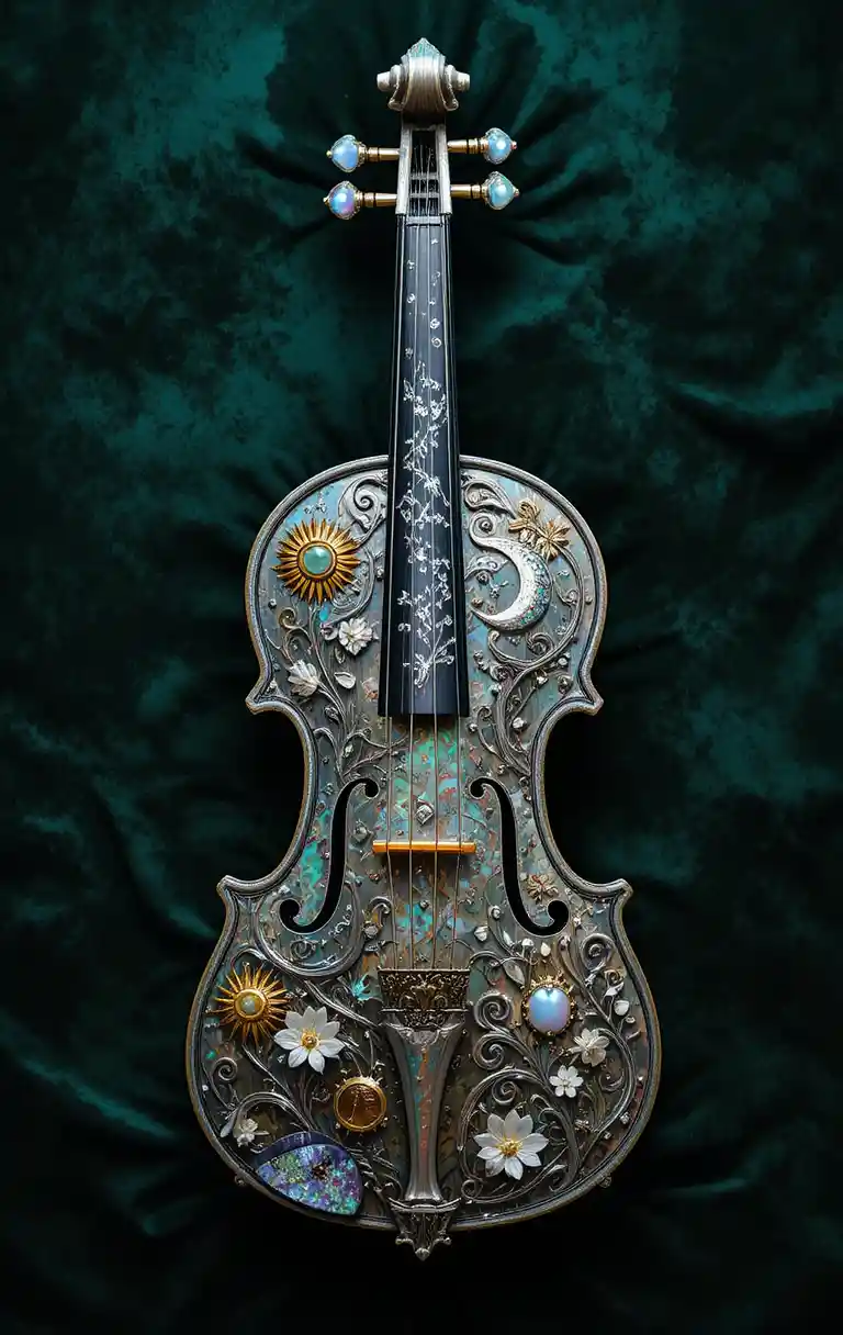 Violino d’argento ornato con motivi celestiali su velluto