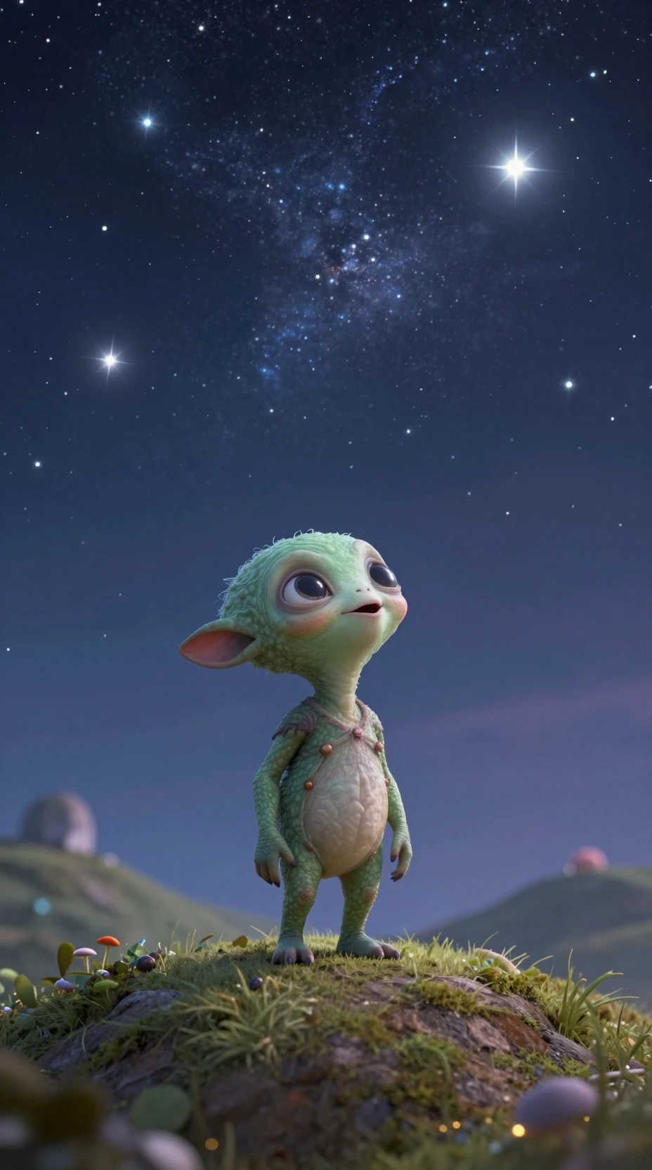 Small alien on a hill gazing at a starry sky