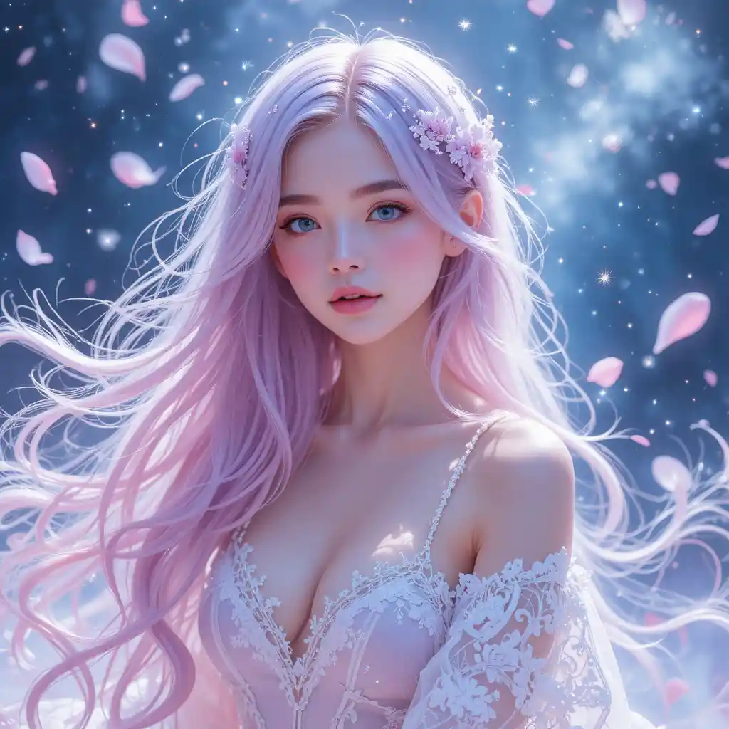 夢幻星光與飄逸粉彩長髮的幻想少女