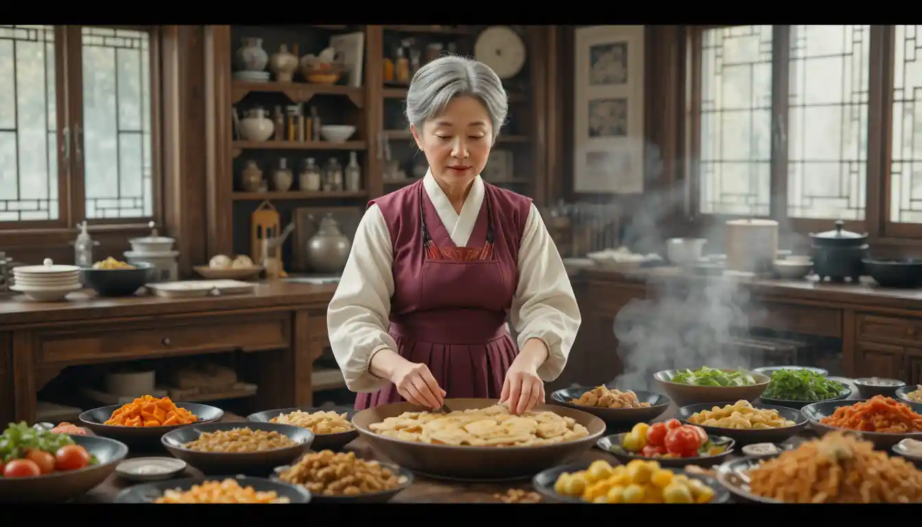 Elderly Korean woman arranging dishes in a traditional kitchen