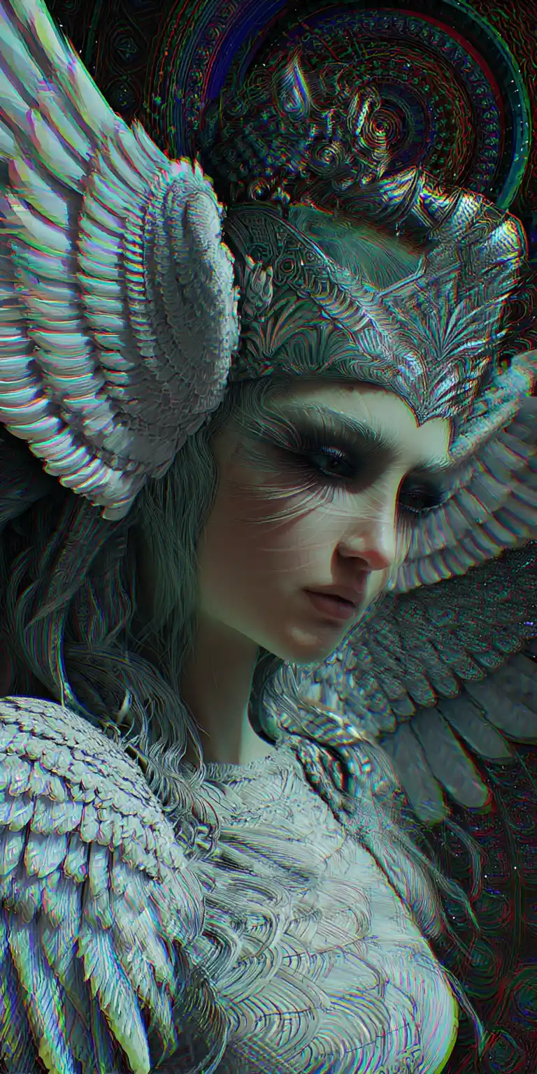 Ethereal guardian angel with luminous wings and stairs