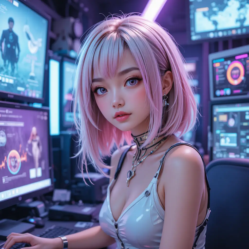Anime hacker girl with neon computers in cyberpunk room