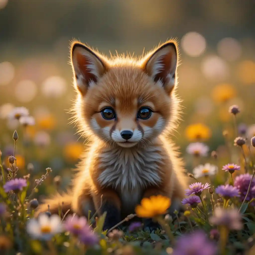 Adorabile cucciolo di volpe seduto in un campo di fiori selvatici al tramonto