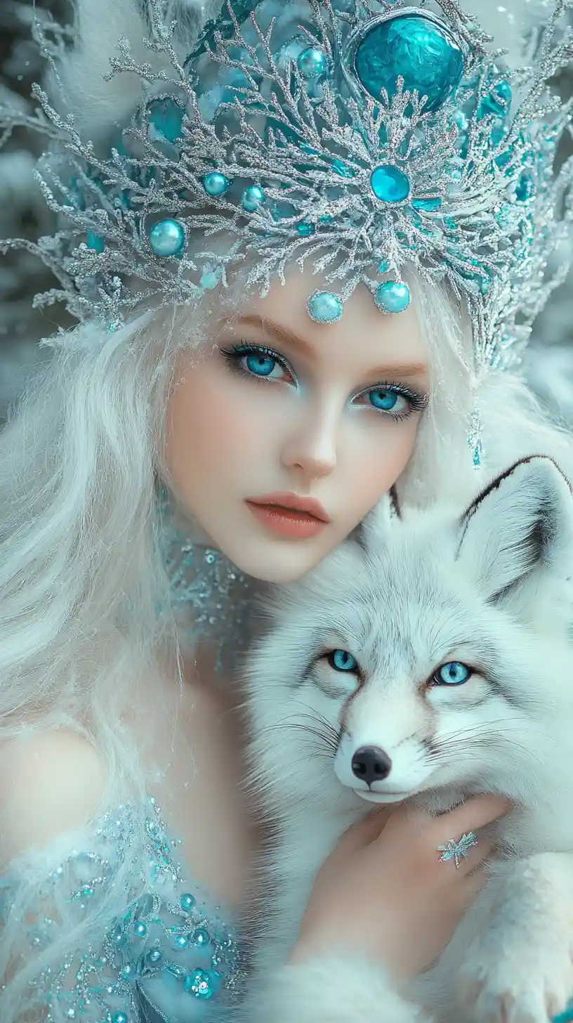 Elegant winter woman holding a turquoise arctic fox